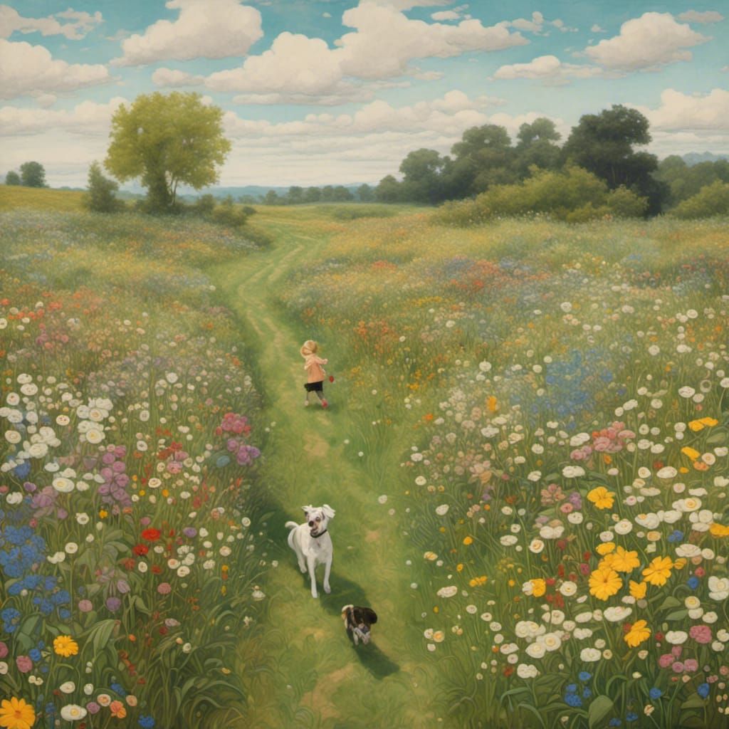Toddler and Dog in Flower Field, Pencillation Style