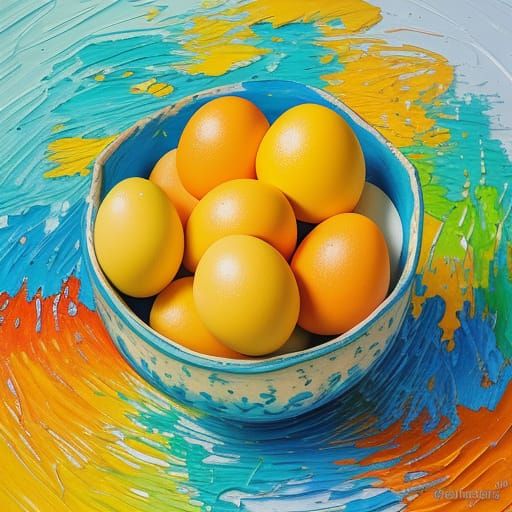 Vibrant Eggs in Neo-Impressionist Oil Painting