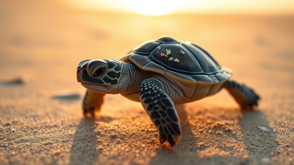 Cute Baby Turtle on the Beach at Sunset