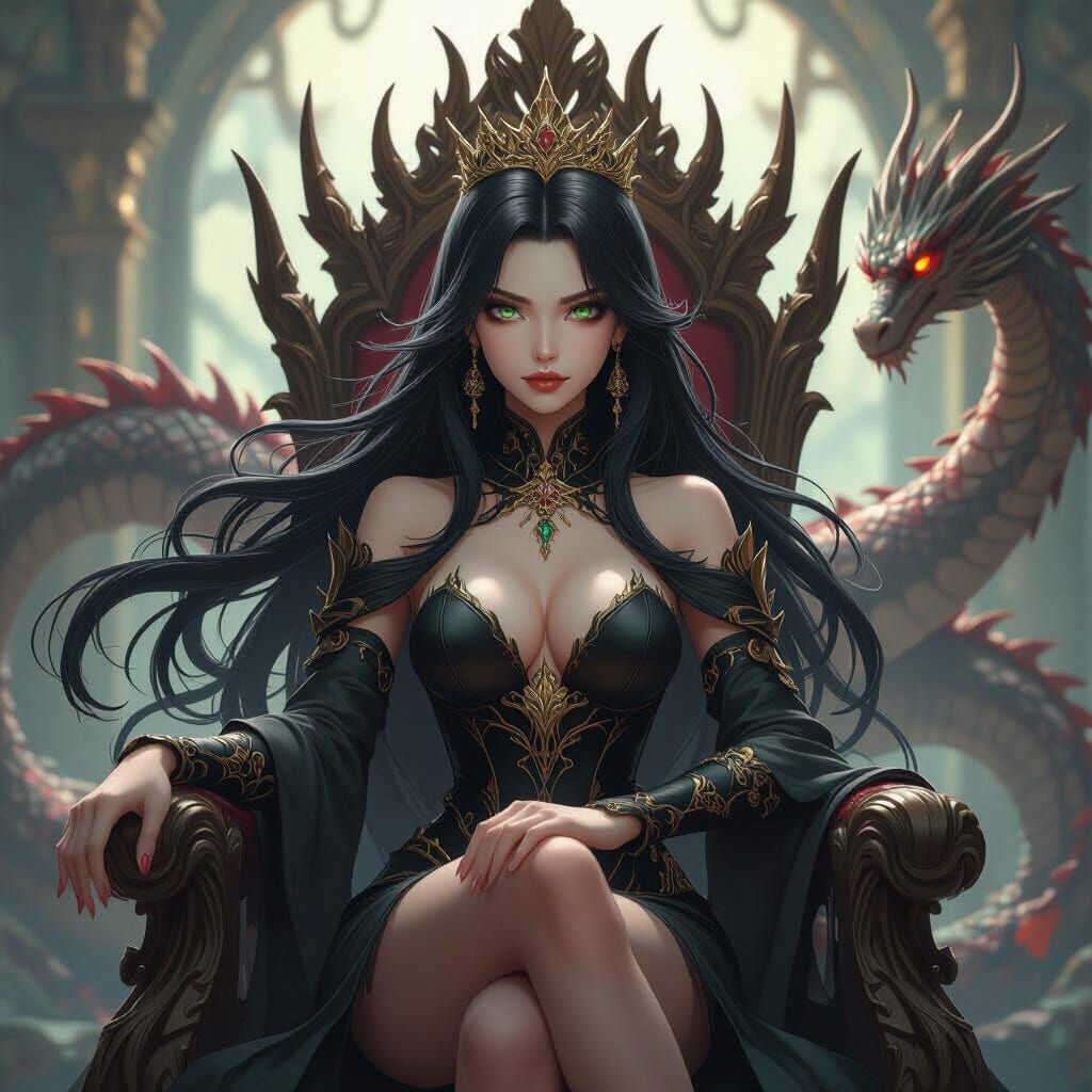 Shadow Queen on Throne with Dragon and Roots