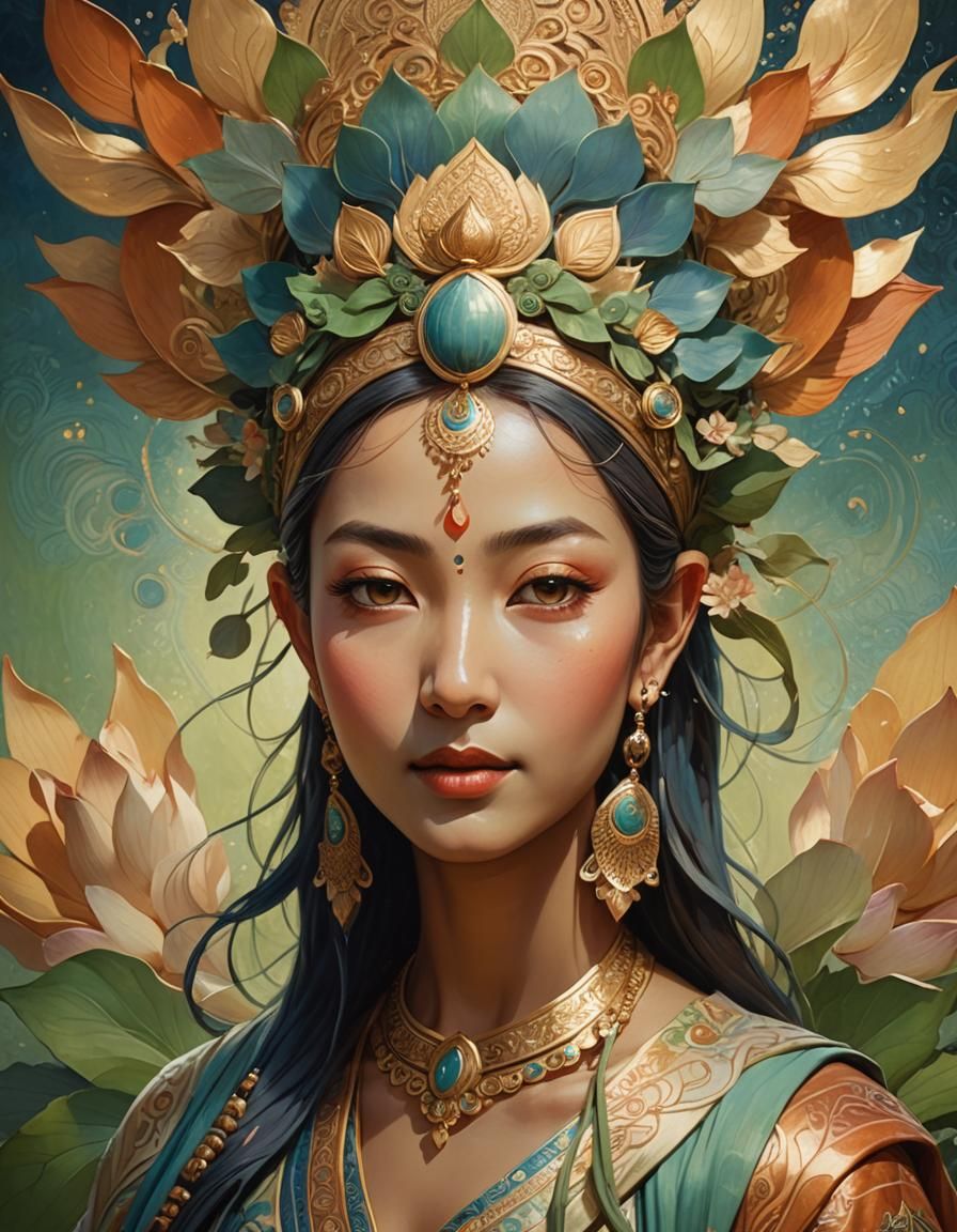 Serene Lotus Goddess Portrait in Hyperrealistic Style