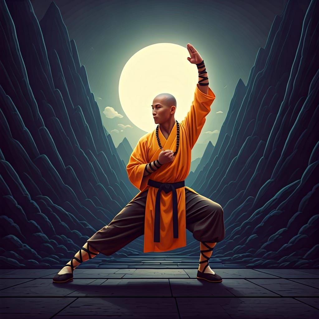 Shaolin Monk in Misty Mountains, Neon Noir Style