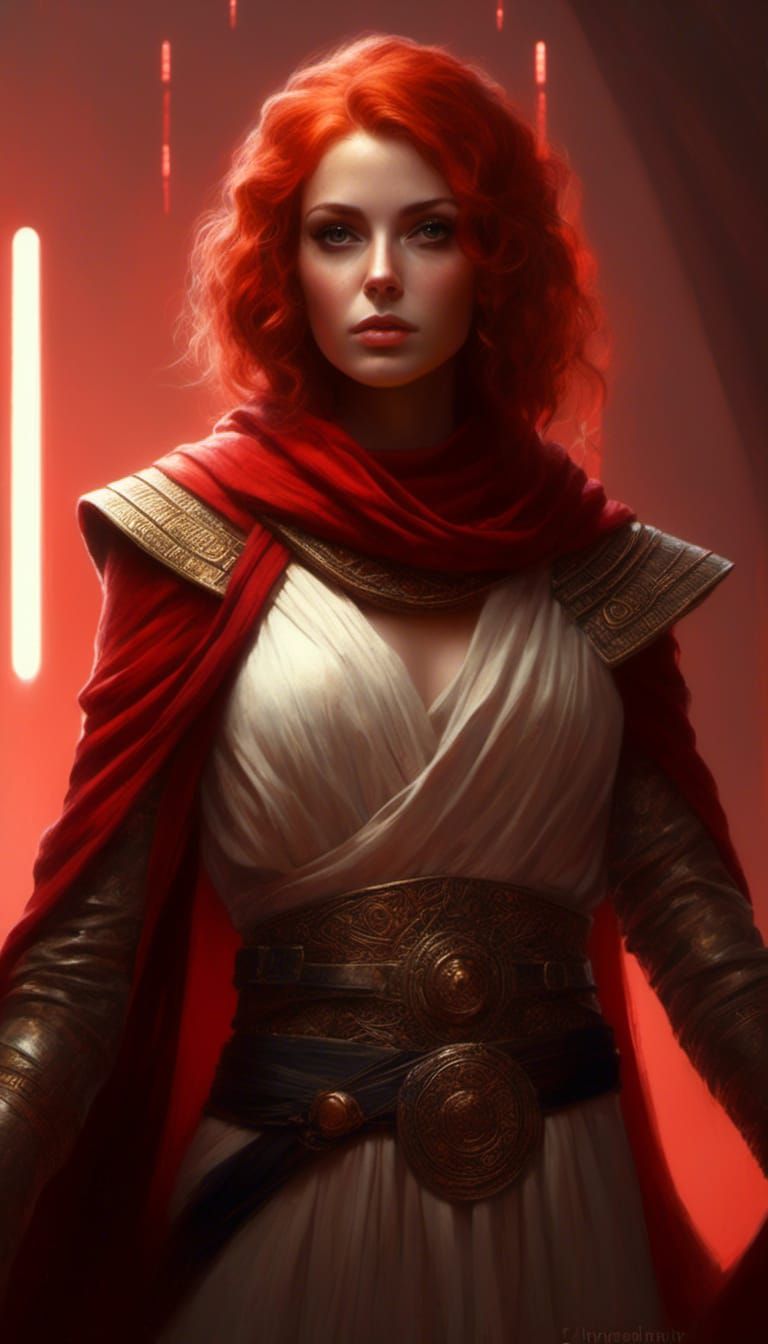 Hyperrealistic Jedi Lady Portrait with Red Hair
