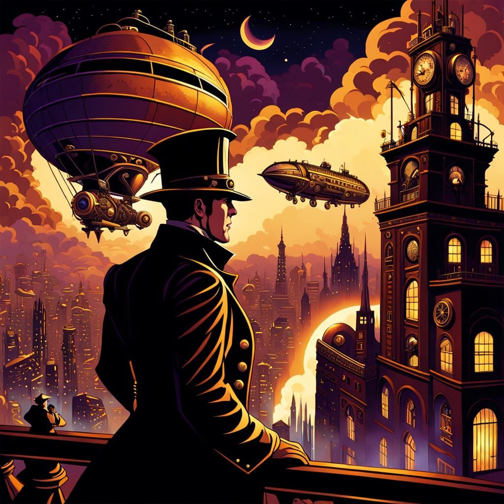 Steampunk Airship Captain in a Futuristic Cityscape