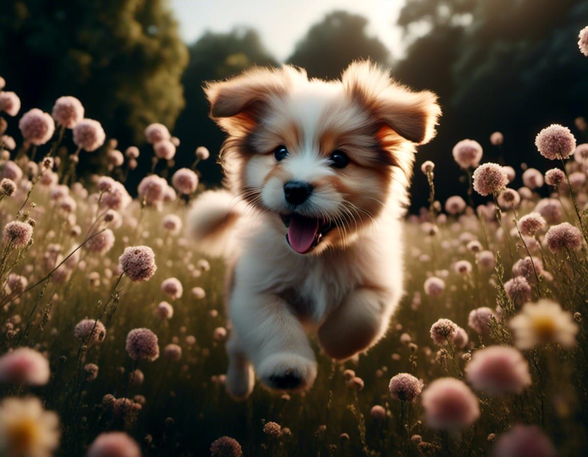 Super Cute Puppy Running Through Flower Field