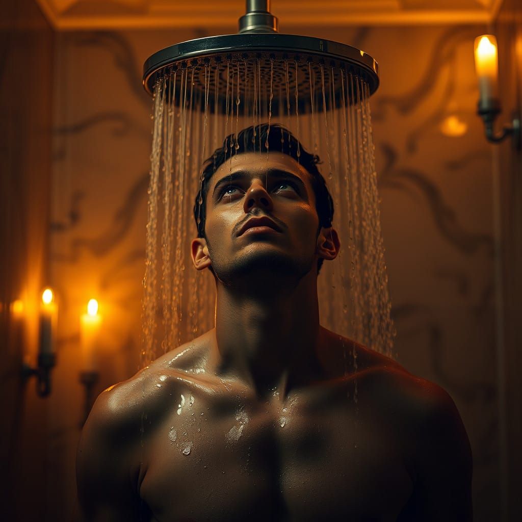 Man in Golden Light, Serene in Lavish Bathroom