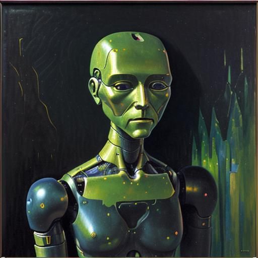 Humanoid Robot in Gauguin Style Oil Painting