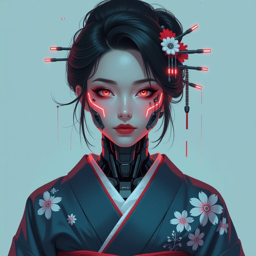 Cyborg Woman in Japanese Kimono with Neon Accents