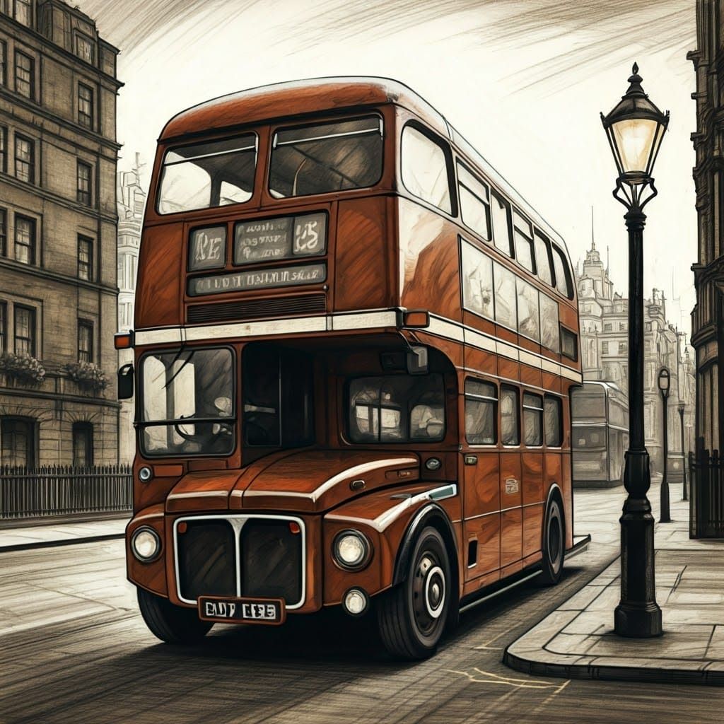 London Double-Decker Bus in Charcoal Drawing Style