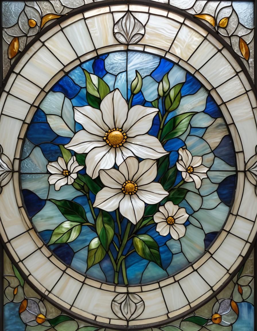 Stained Glass Southern Blue Flag Flower in Dreamlike Style