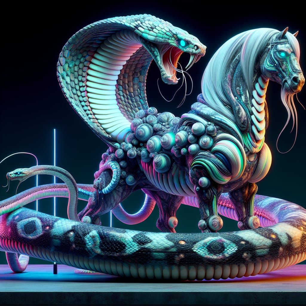 Horse-Cobra Hybrid: A Neon Genetic Sculpture