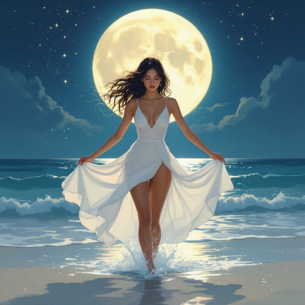 Ethereal Woman Swimming Under Moonlight