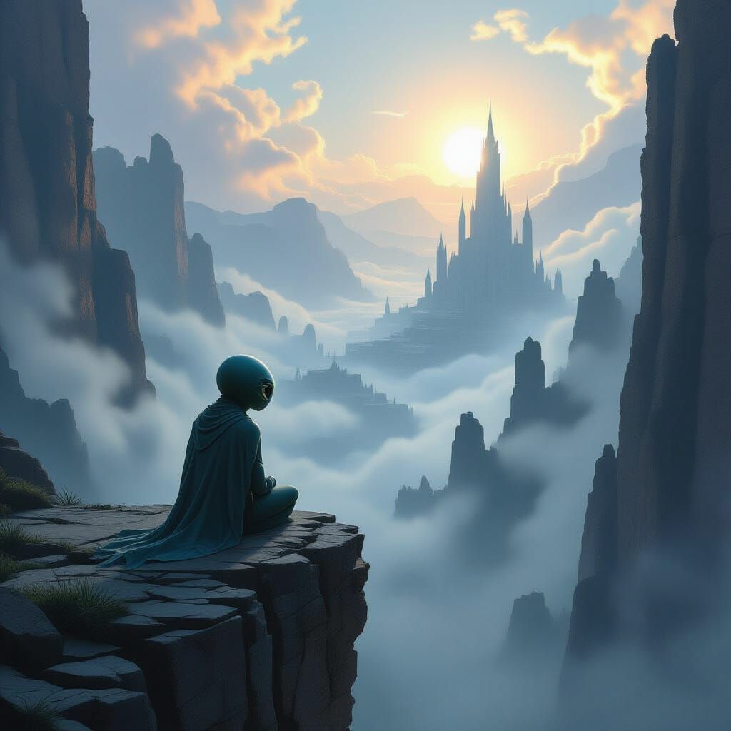 Melancholic ET Overlooks Misty Canyon with Ancient Ruins