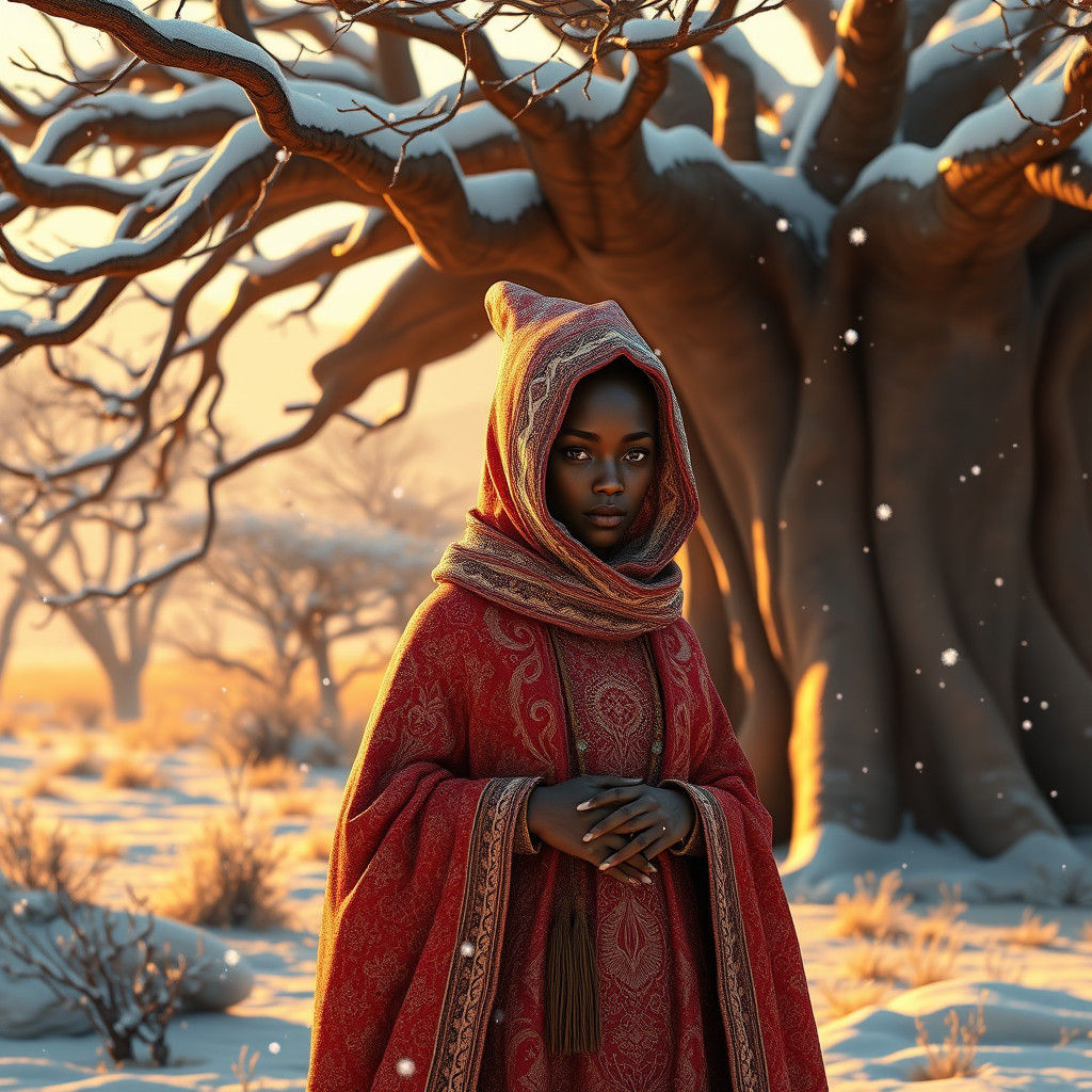 African Elf in Snowy Savannah, Fantasy Art