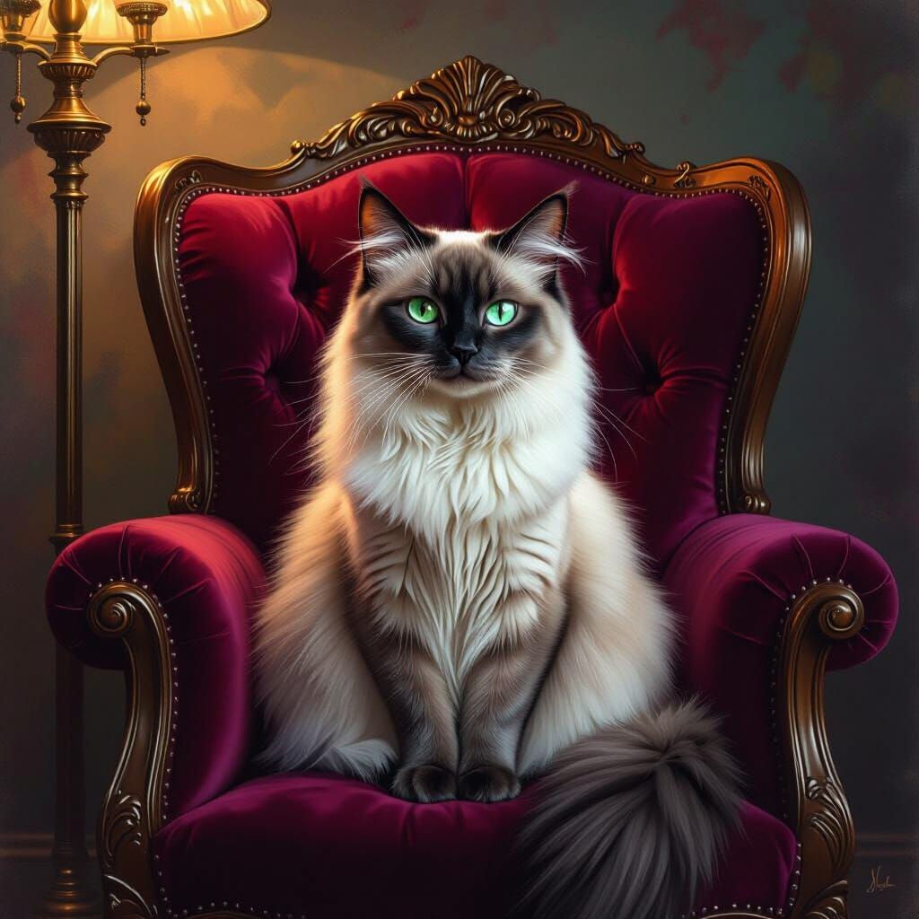 Regal Siamese Cat on Crimson Velvet Armchair