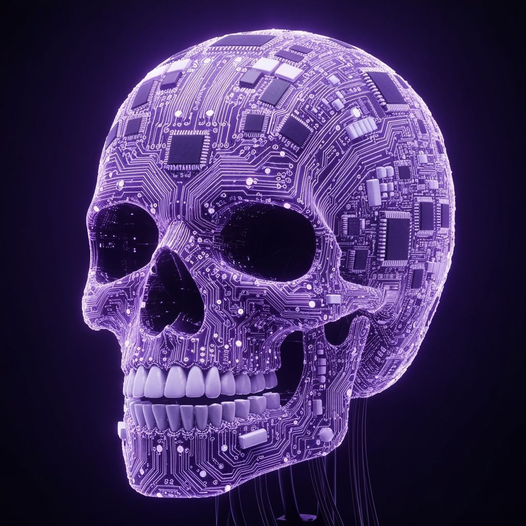 Glowing Purple Circuit Board Skull in Sci-Fi Style