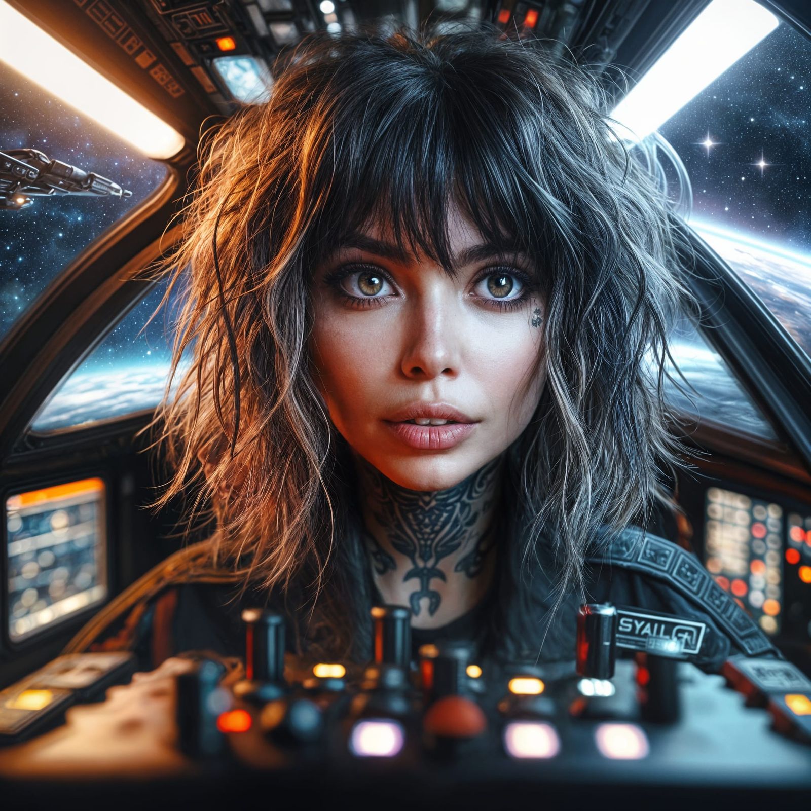 Cyberpunk Space Pilot with Shaggy Hair and Piercings