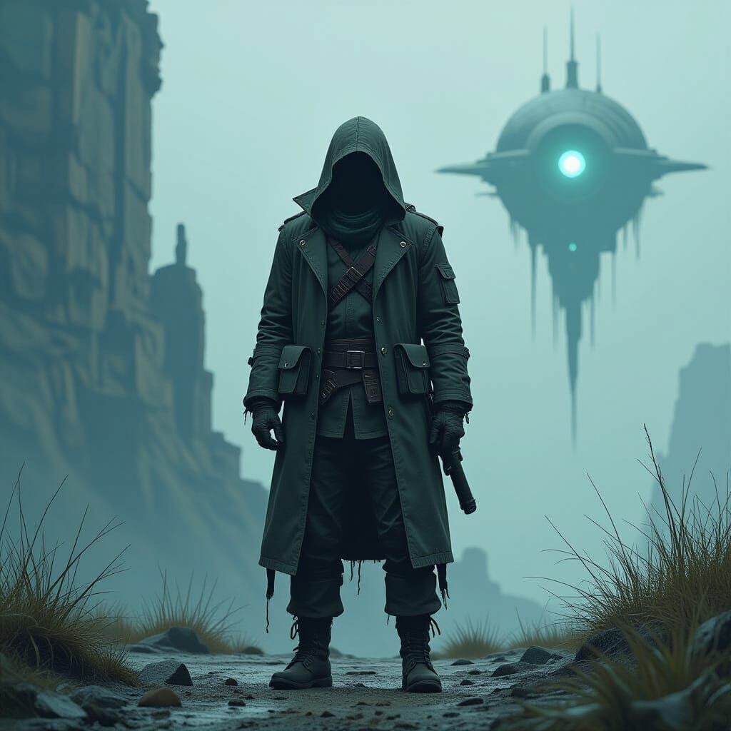 Dystopian Wanderer in Surreal Landscape