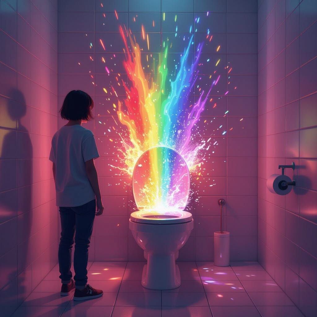 Rainbow Explosion in Public Restroom, Digital Art