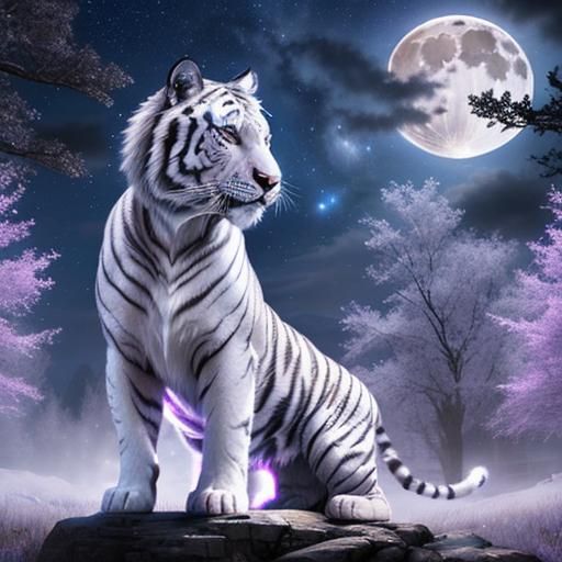 Fantasy White Tiger Under Starry Moonlit Sky