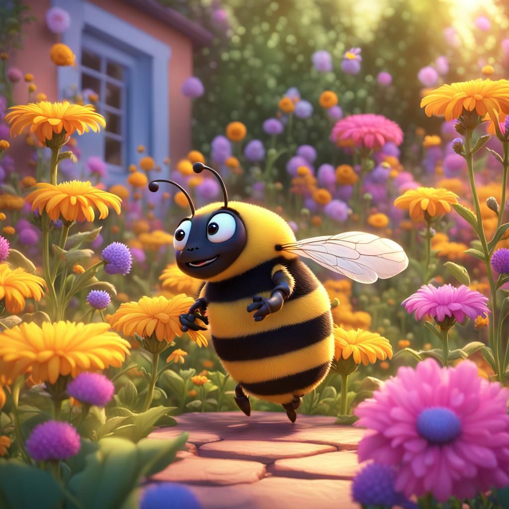 Happy Bumble Bee in Garden: 3D Digital Art