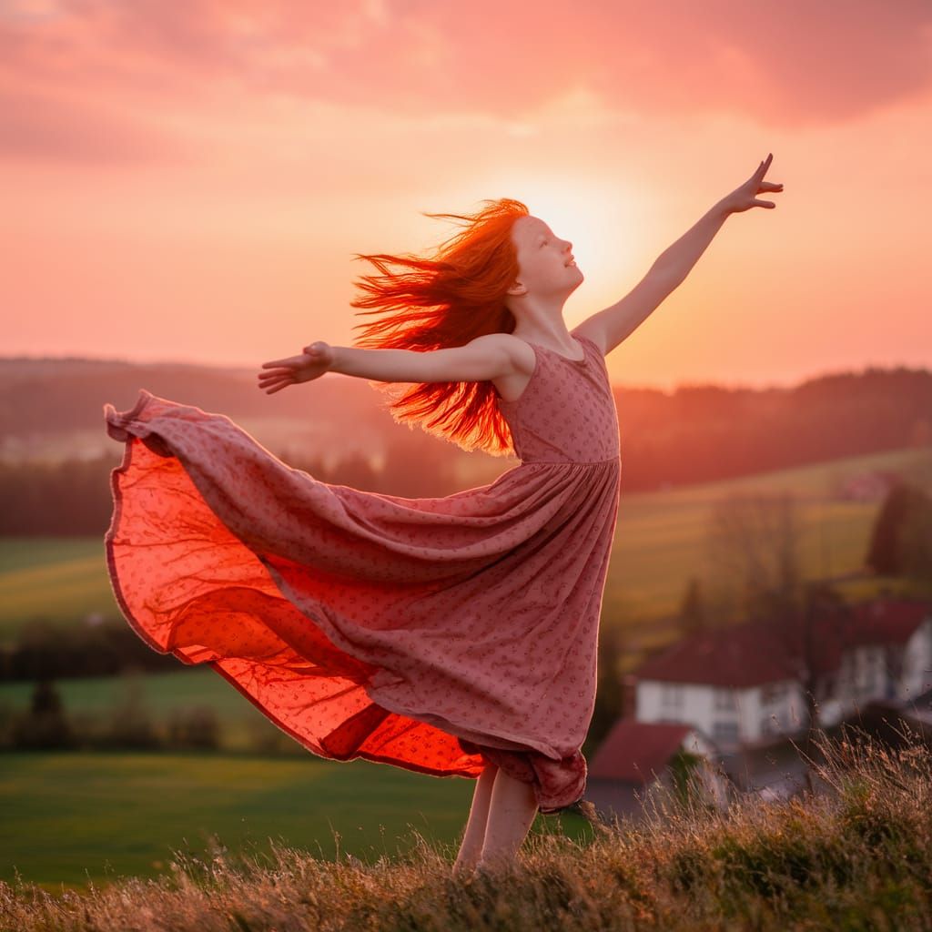 Girl in Red Dress at Sunset