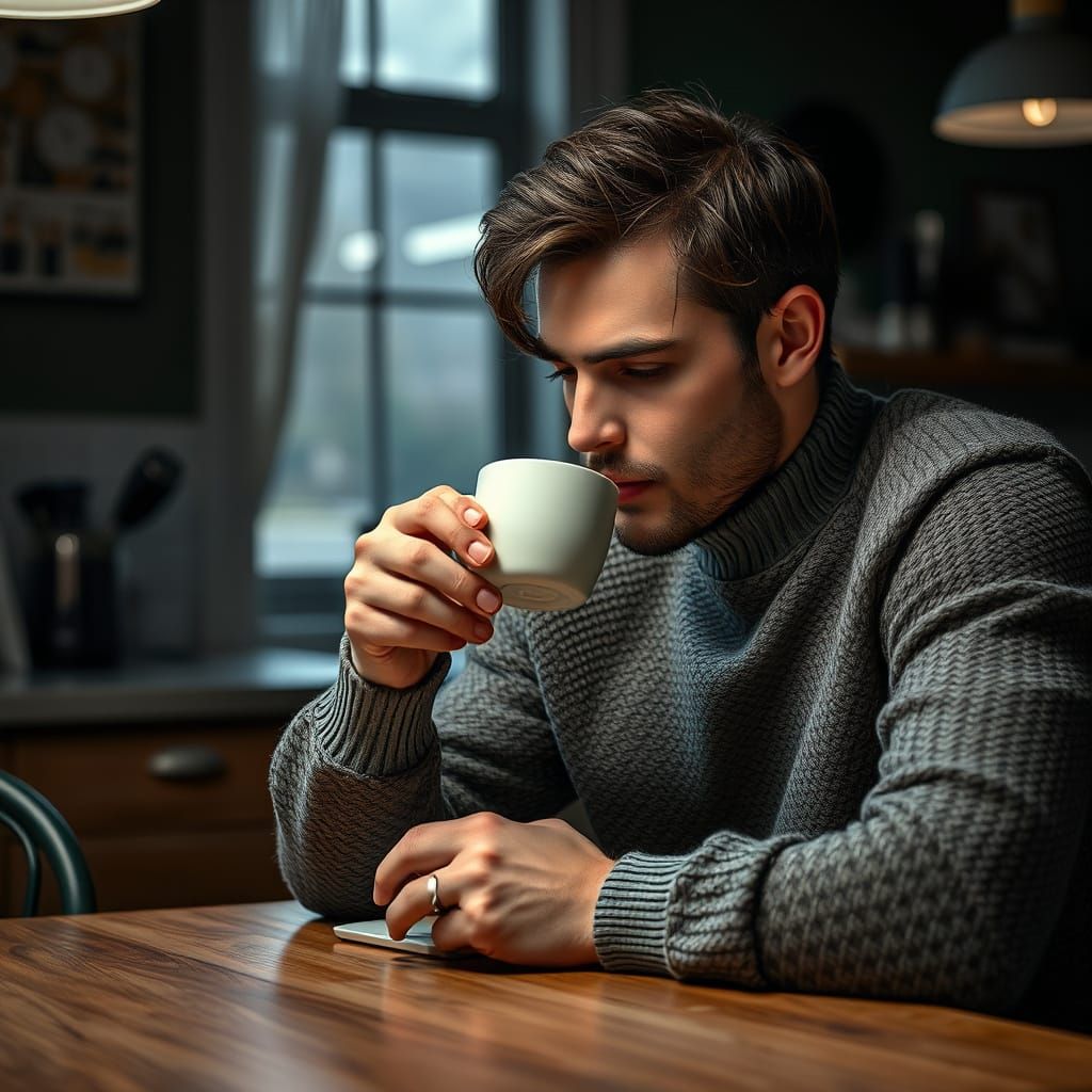 Handsome Guy Sipping Coffee in a Cozy Kitchen
