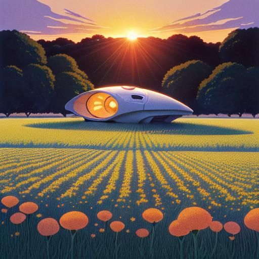 Studio Ghibli Sunset: Flowers, Cottage, Spaceship, Alien