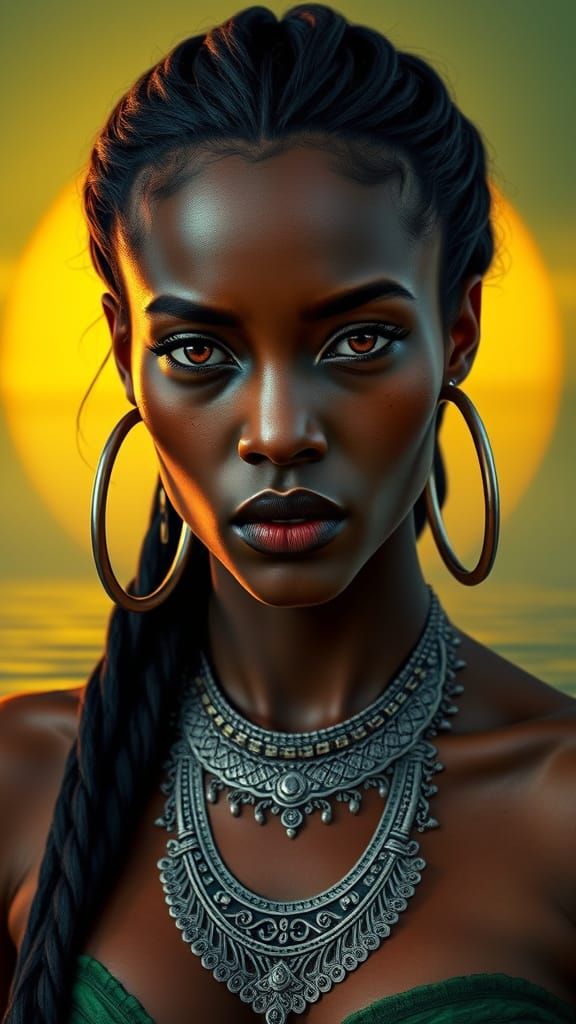 Elegant African Goddess Emerging from Sunset Hues