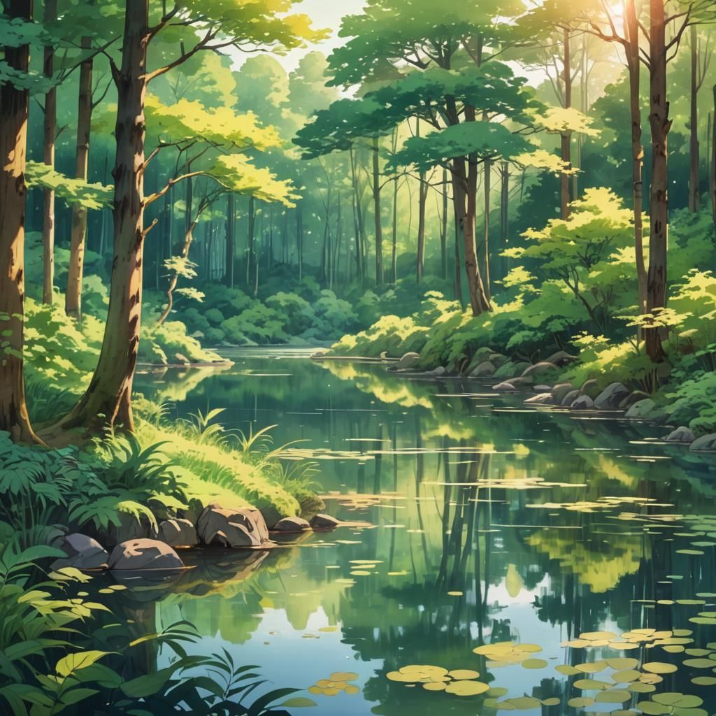 Vibrant Watercolor Anime Landscape with Tranquil Lake and Fo...
