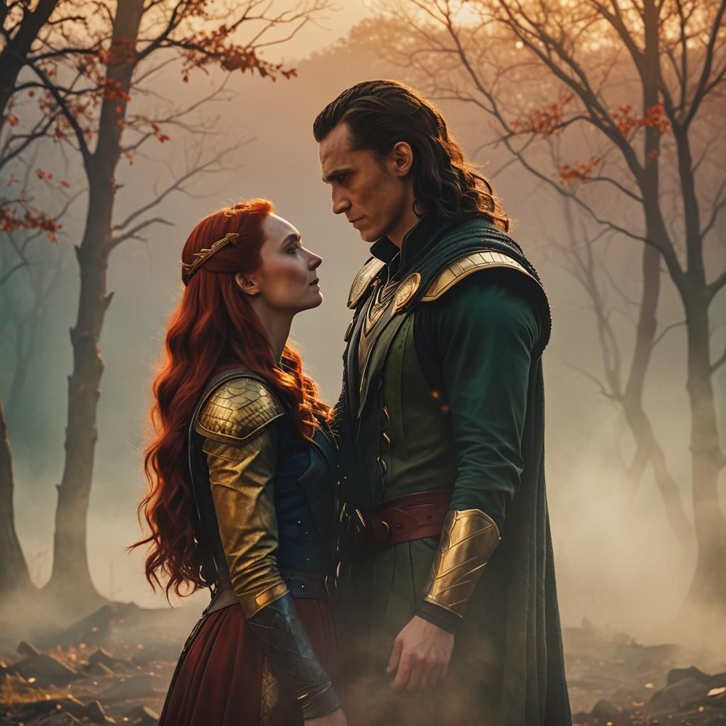 Loki and Lover Embrace in Golden Light