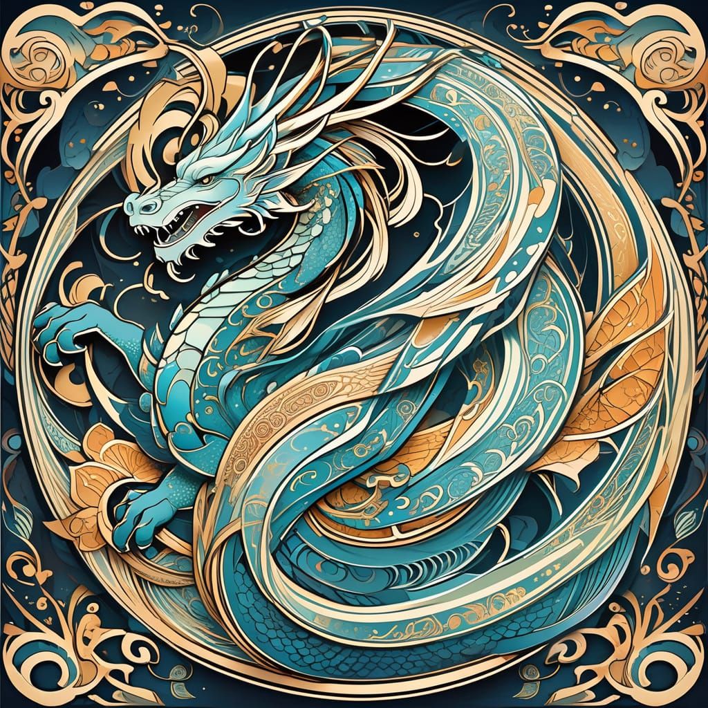Art Nouveau Dragon Illustration with Ornate Swirling Pattern...
