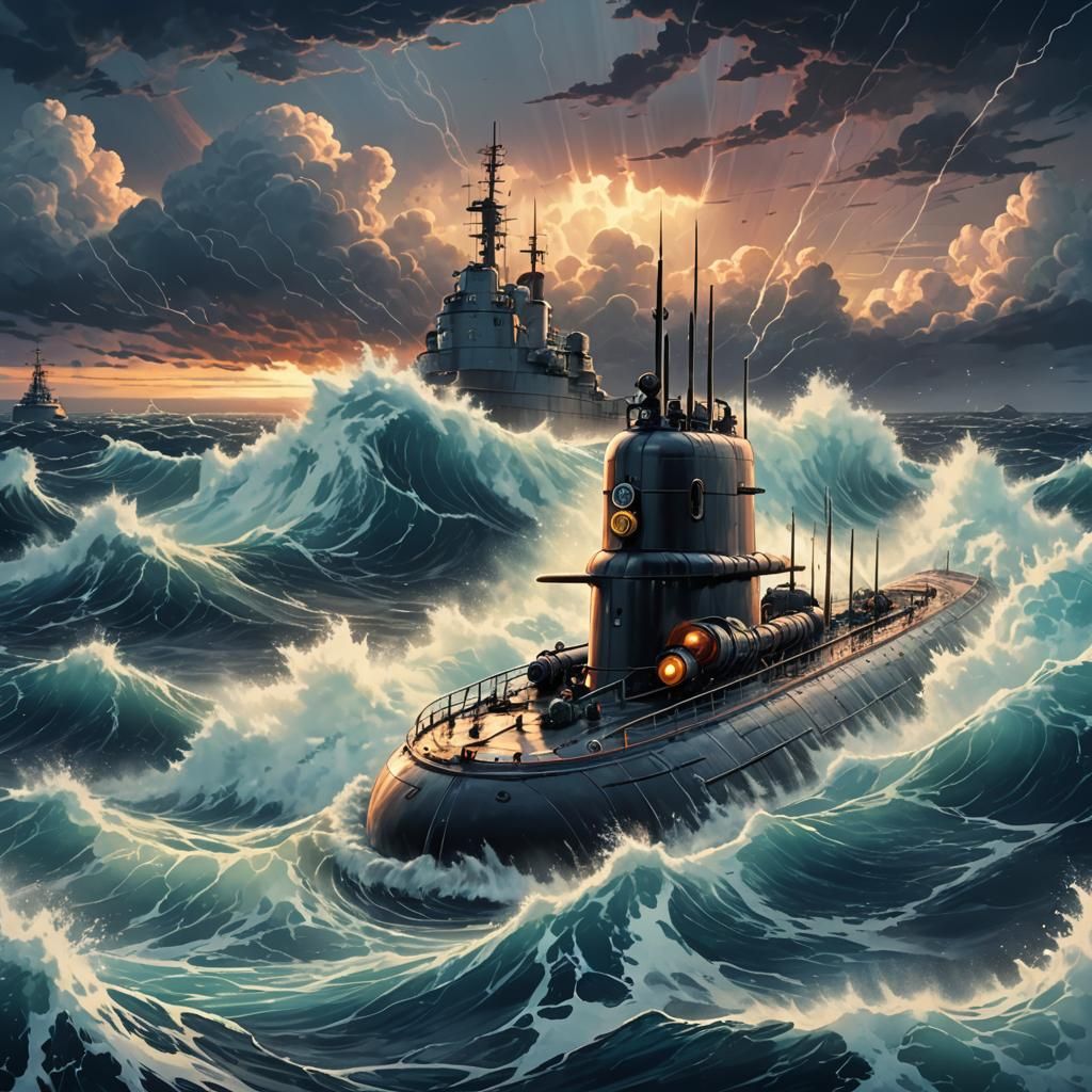 Submarine in Raging Ocean: Cinematic Anime Style
