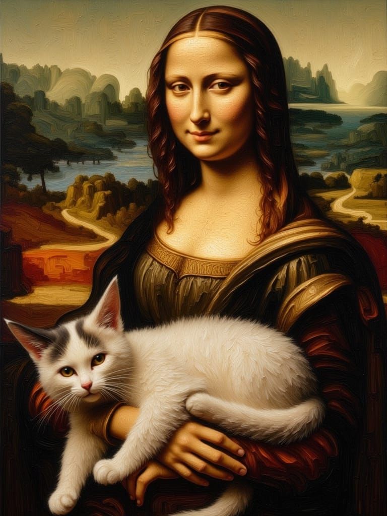 Digital Mona Lisa with Calico Cat in Renaissance Style