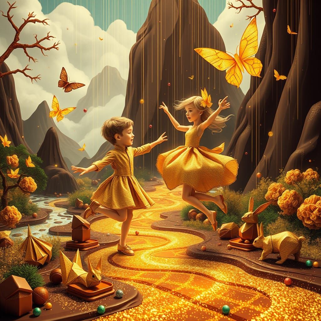 Fantastical Chocolate Wonderland with Golden Origami Creatur...