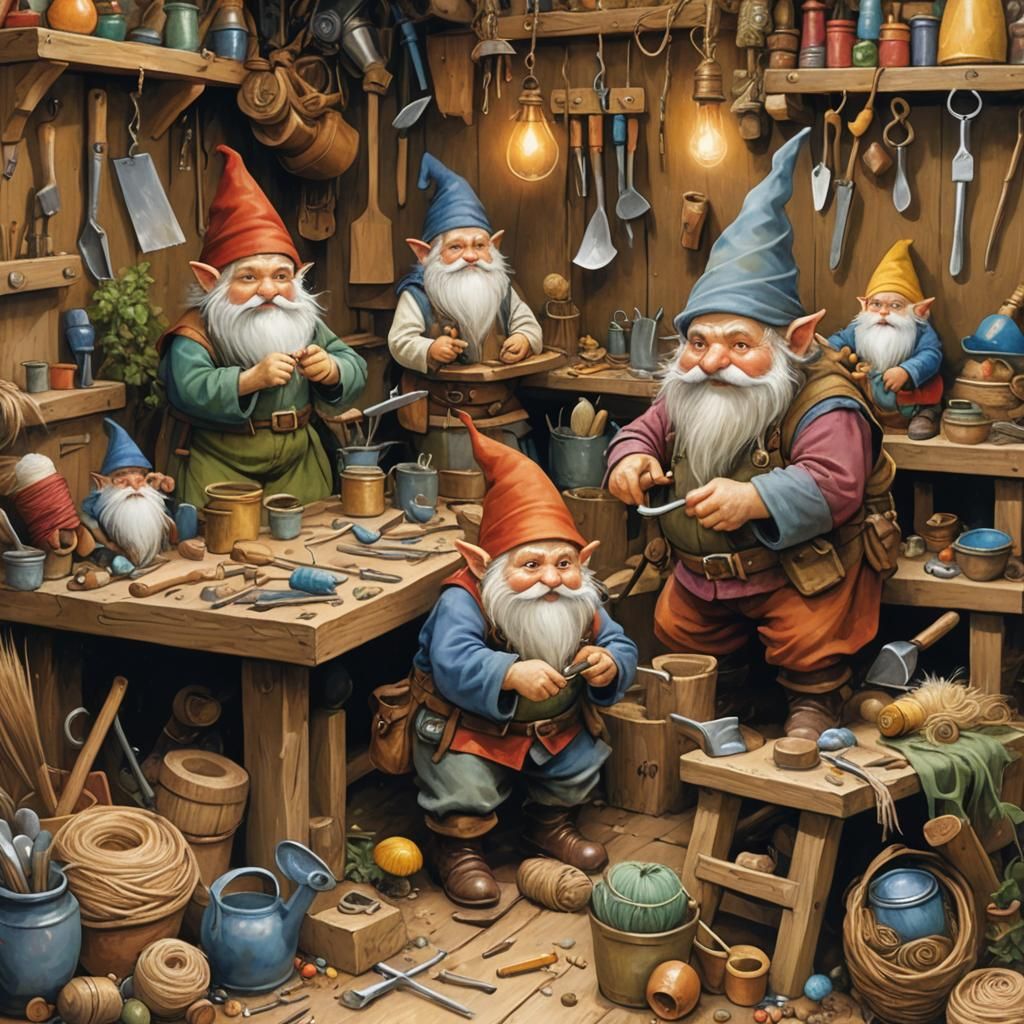 Gnomes in Workshop: Whimsical Fantasy Illustration