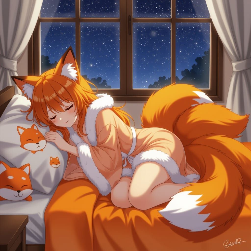 Cozy Anime Fox Girl Sleeping Under Stars