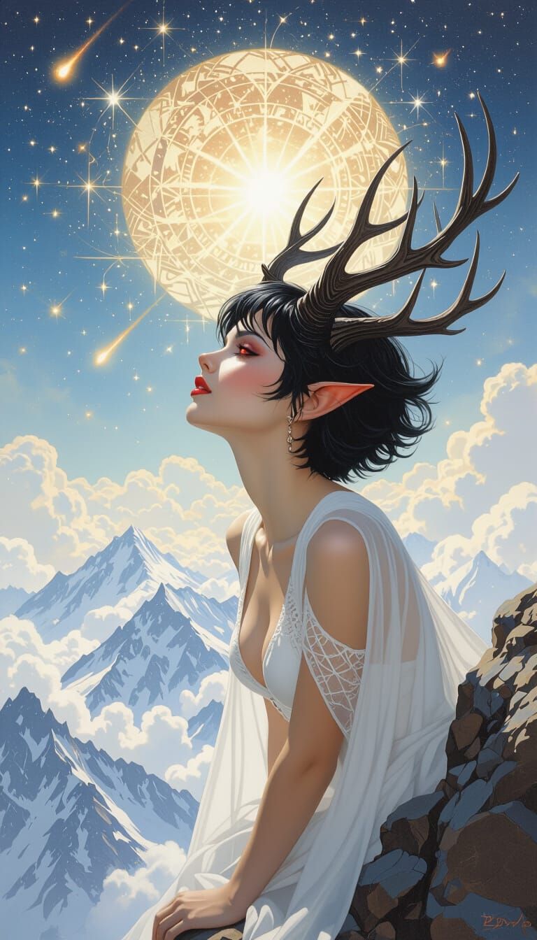 Tiefling Maiden Amazed on Mountain Peak Oil Painting
