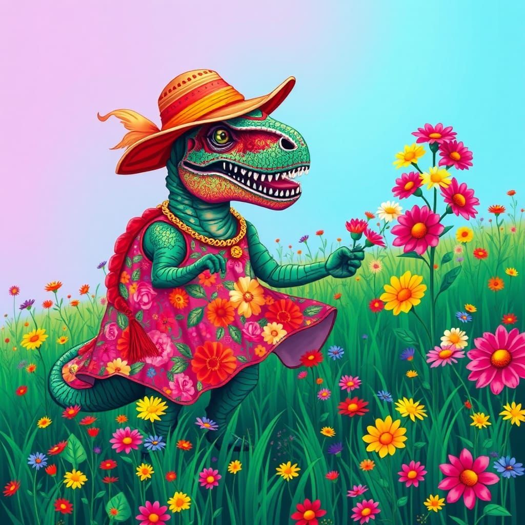T-Rex in Hippy Dress Picking Flowers