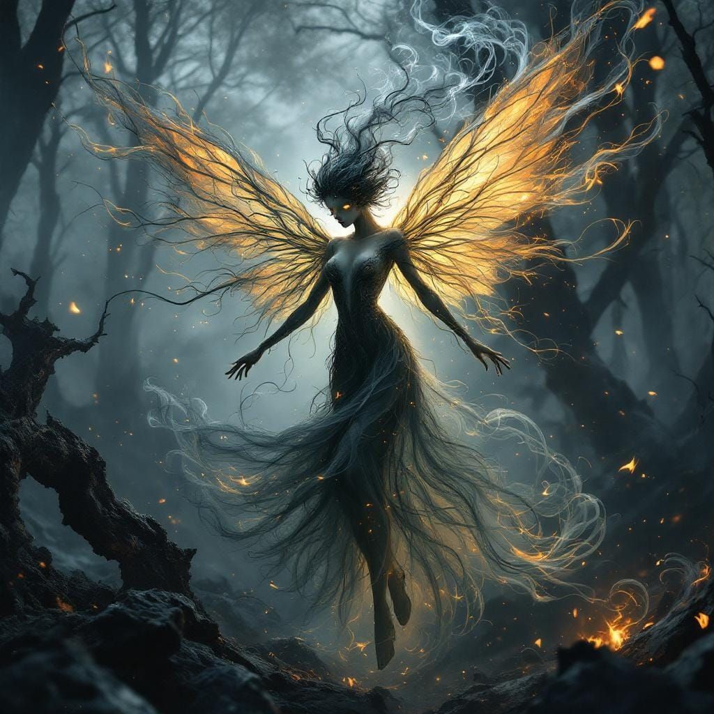 Smoke Fairy Dancing in Charred Forest in 3D