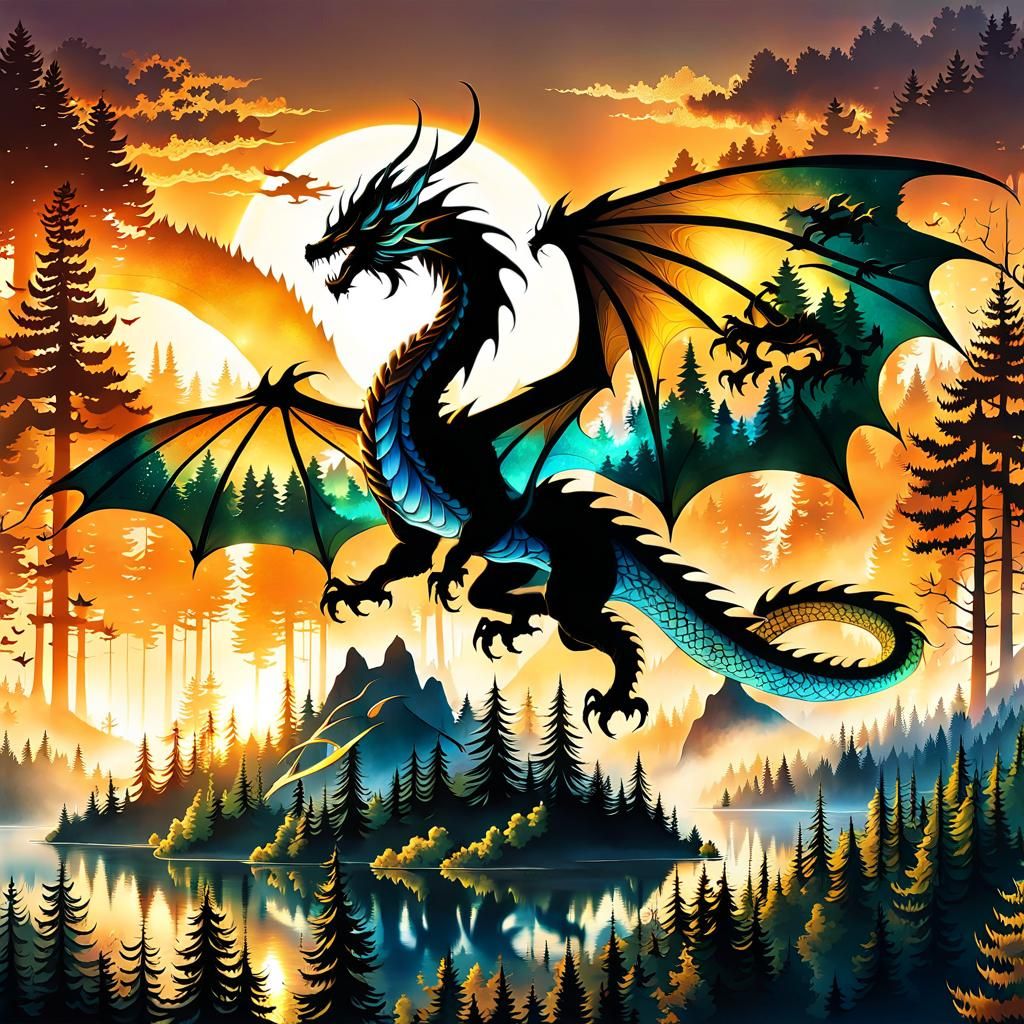 Majestic Dragon Silhouette Over Four Seasons Forest