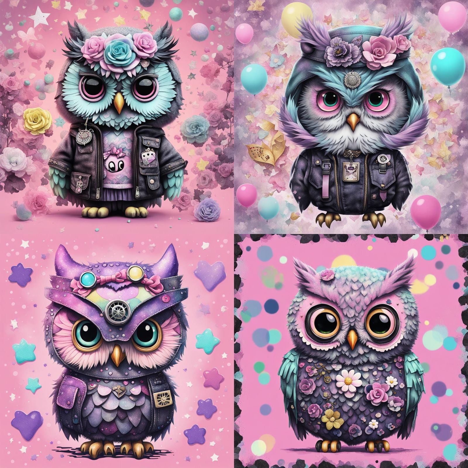 Pastel Goth Sanrio Owl: Mixed Media Collage