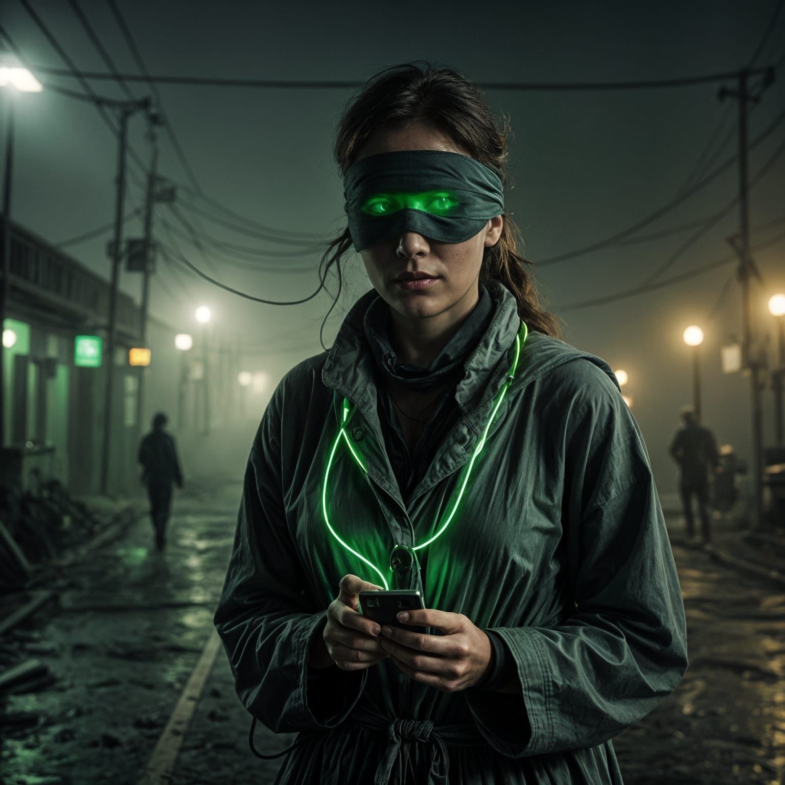 Woman with Glowing Cable in Ominous Fog