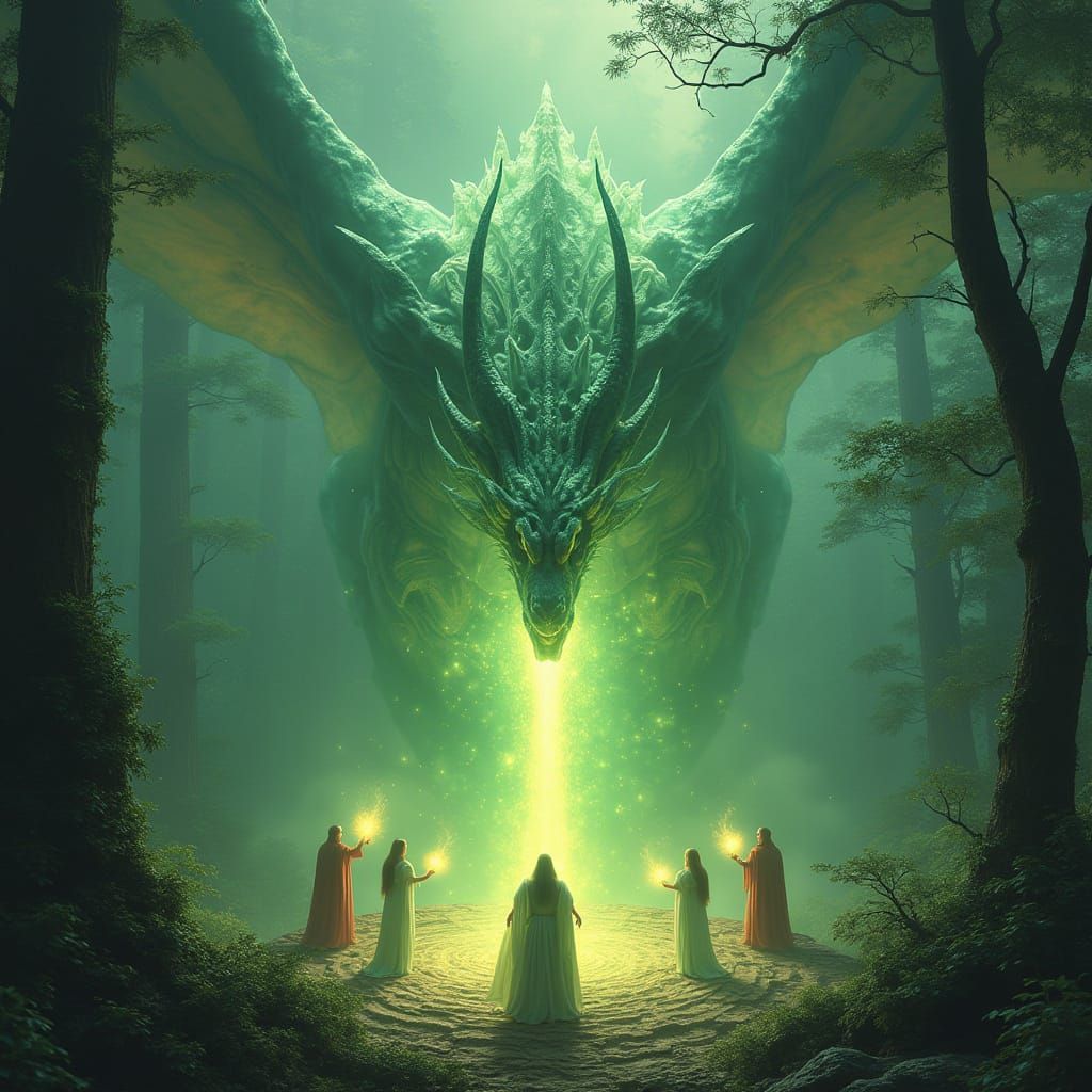 Majestic Dragon Spirit Over Enchanted Forest with Druid Mage...