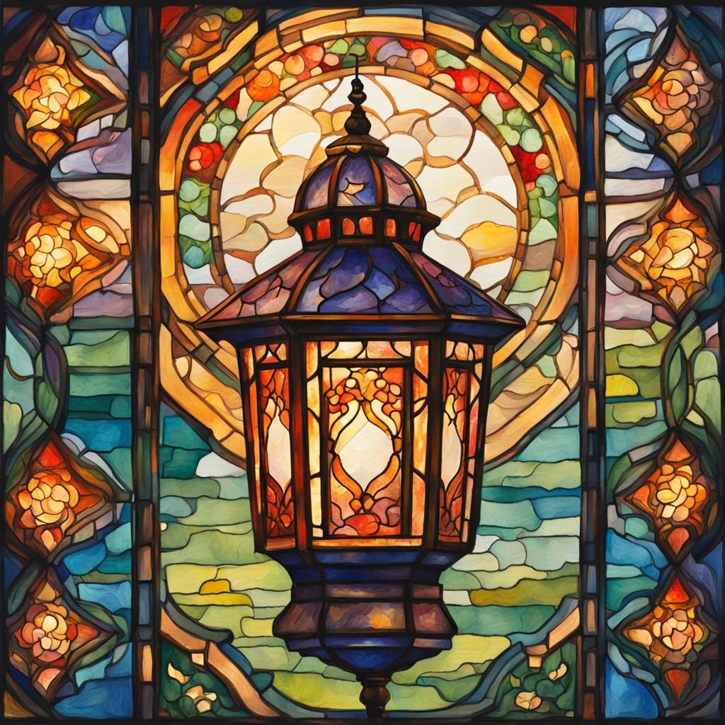 Stained Glass Lantern in Gouache Watercolor Style