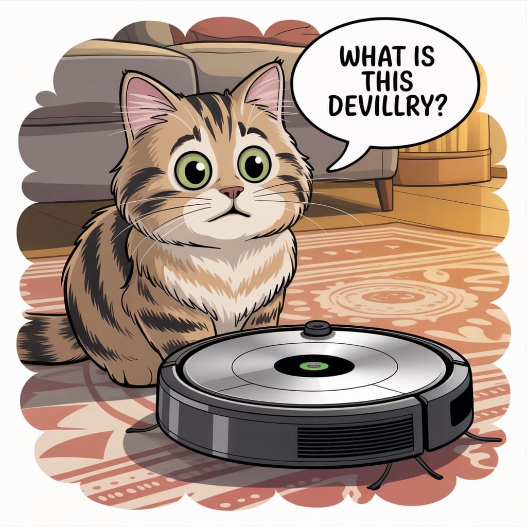 Cartoon Cat's Puzzled Reaction to Robotic Vacuum
