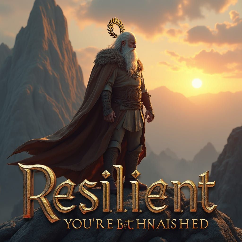 Elderly Warrior Conquers Mountain Range in Golden Light