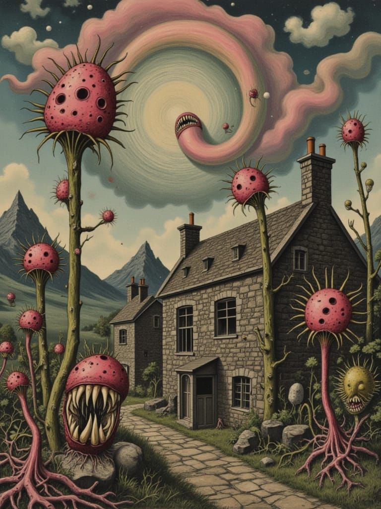 Lovecraftian Fungi Engulf Northern Farm Town Sky