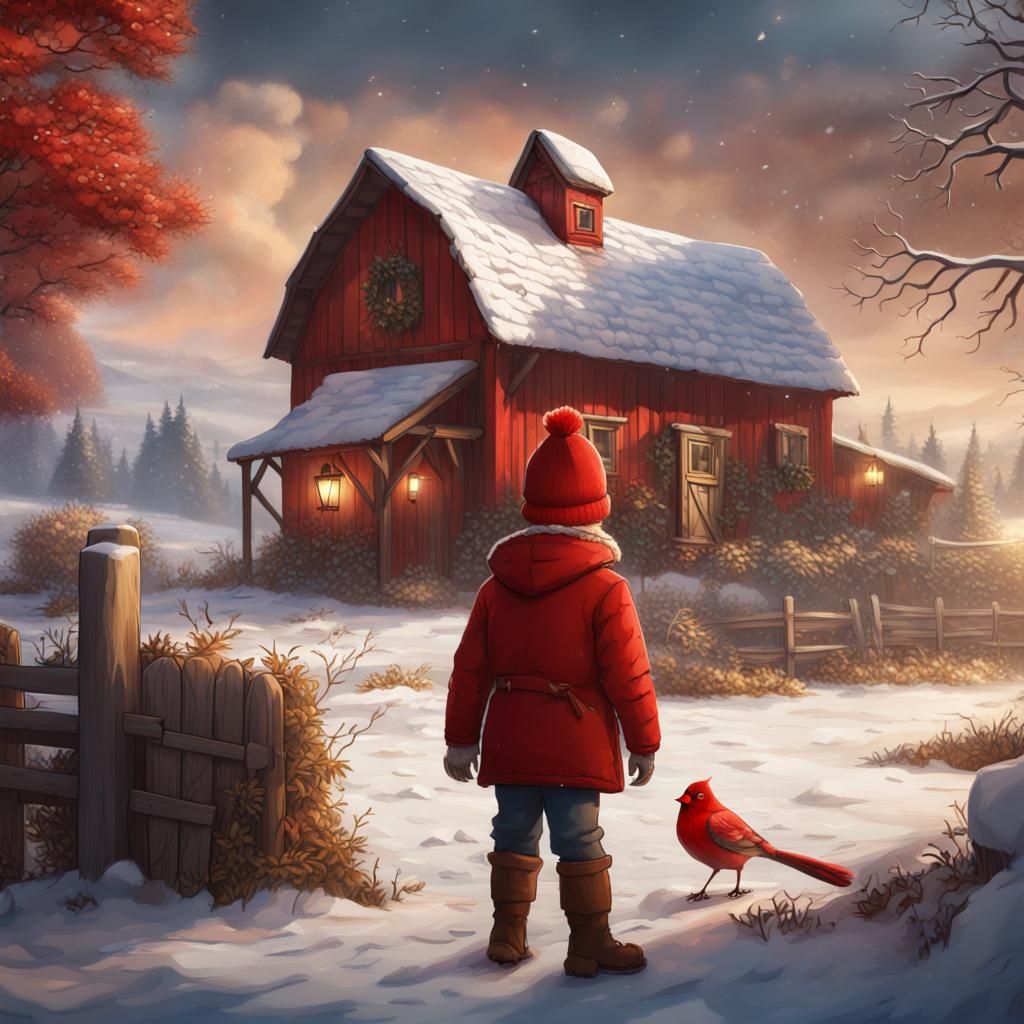 Winter Farm Boy with Red Bird: Detailed Matte Painting