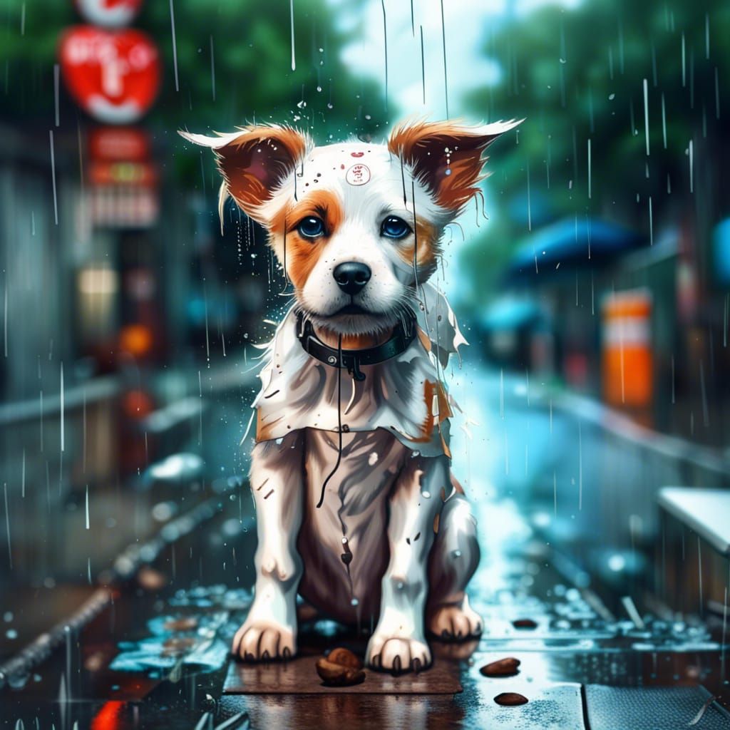 Adorable Puppy Seeks Love in Rainy Hyperreal Scene